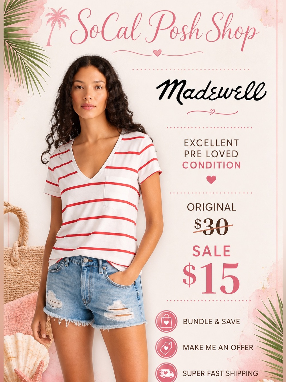 Madewell White Pocket Tee with Red Horizontal Stripes Small